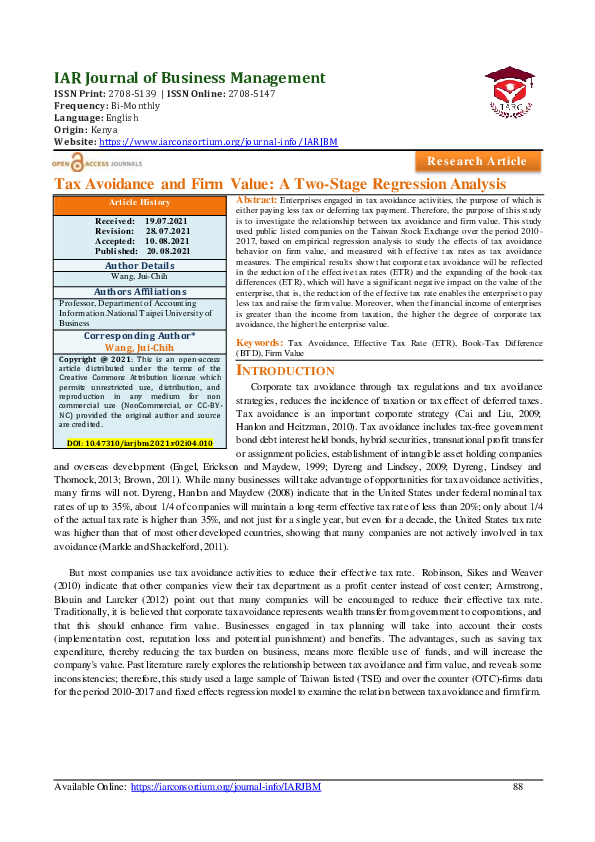 (PDF) Tax Avoidance and Firm Value: A Two-Stage Regression Analysis