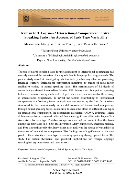 (PDF) Iranian EFL Learners' Interactional Competence in Paired Speaking ...