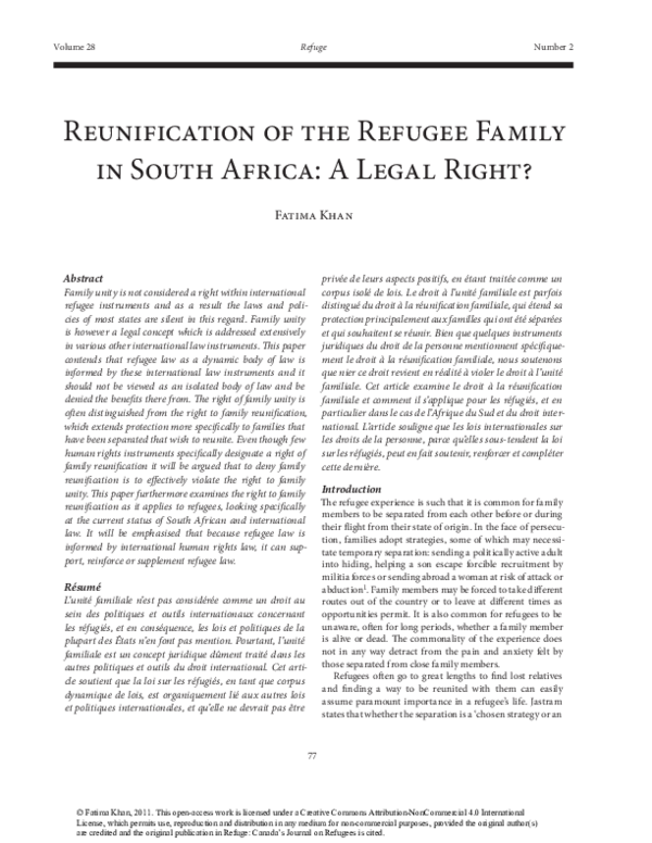 (PDF) Reunification of the Refugee Family in South Africa: A Legal Right?
