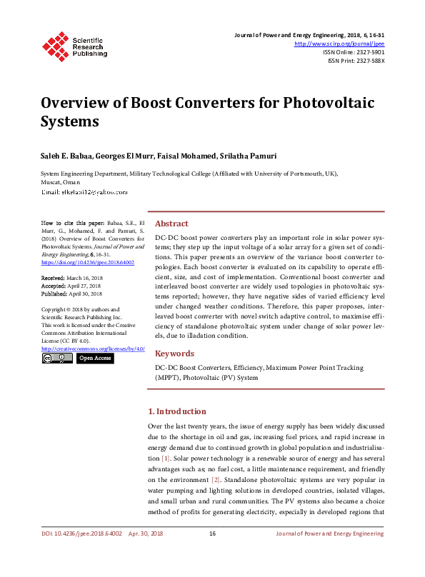 (PDF) Overview of Boost Converters for Photovoltaic Systems