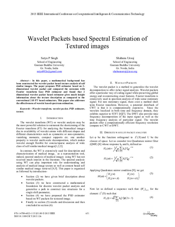 (PDF) Wavelet Packets Based Spectral Estimation of Textured Images