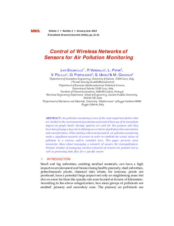 (PDF) Control of Wireless Networks of Sensors for Air Pollution ...