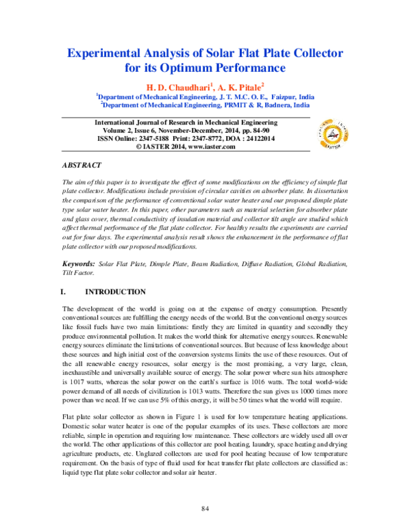 (PDF) Experimental Analysis of Solar Flat Plate Collector for its ...