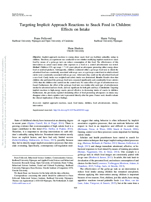 (PDF) Targeting implicit approach reactions to snack food in children ...