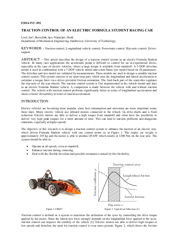 (PDF) Traction Control of an Electric Formula Student Racing Car