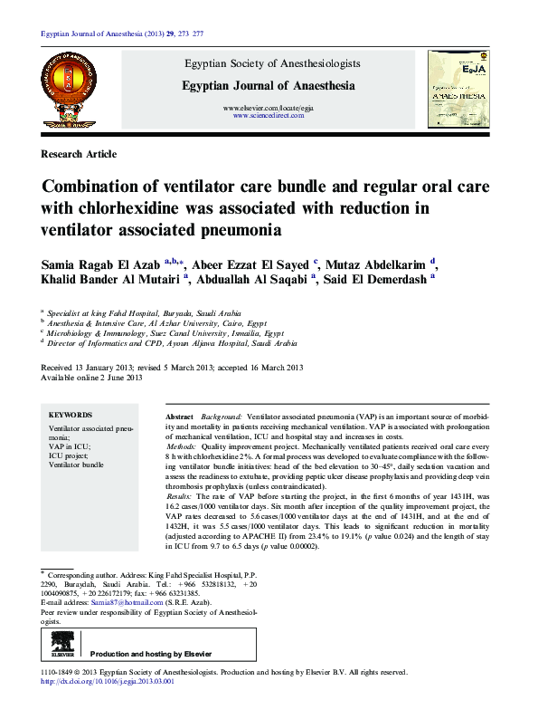 (PDF) Using 0.12 Chlorhexidine to reduce VentilatorAssociated
