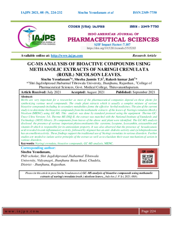 (PDF) GC-MS ANALYSIS OF BIOACTIVE COMPOUNDS USING METHANOLIC EXTRACTS ...