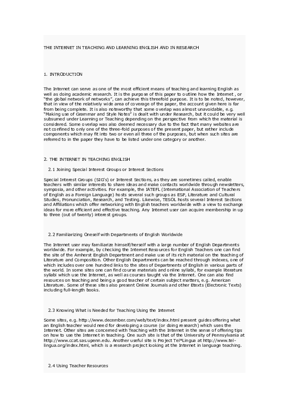 (DOC) THE INTERNET IN TEACHING AND LEARNING ENGLISH AND IN RESEARCH