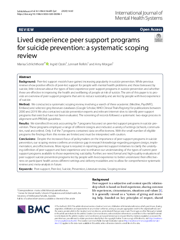 (PDF) Lived experience peer support programs for suicide prevention: a ...