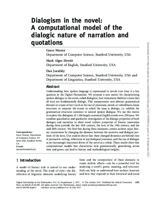 (PDF) Dialogism in the novel: A computational model of the dialogic ...