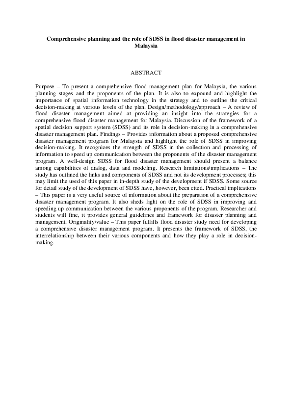 (PDF) Comprehensive planning and the role of SDSS in flood disaster ...