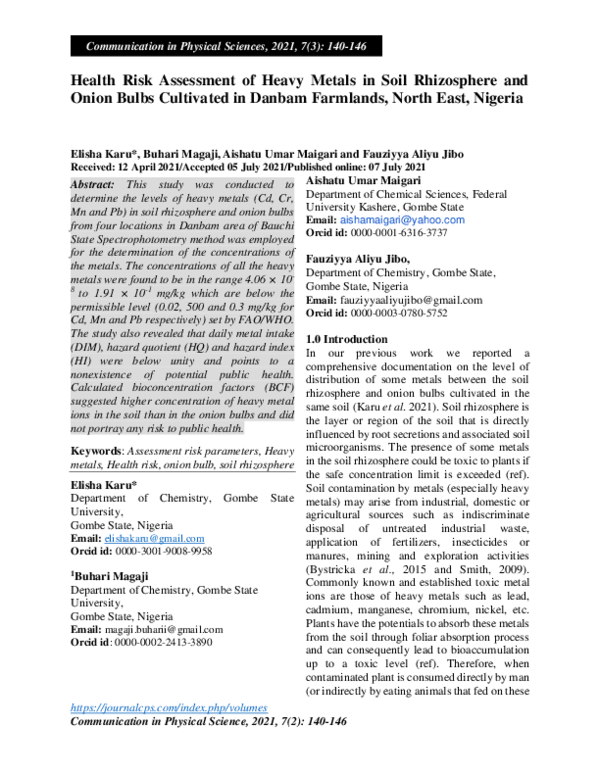 (PDF) Health Risk Assessment of Heavy Metals in Soil Rhizosphere and ...