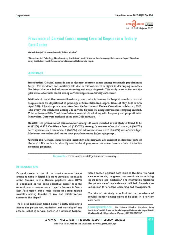 (PDF) Prevalence of Cervical Cancer among Cervical Biopsies in a ...