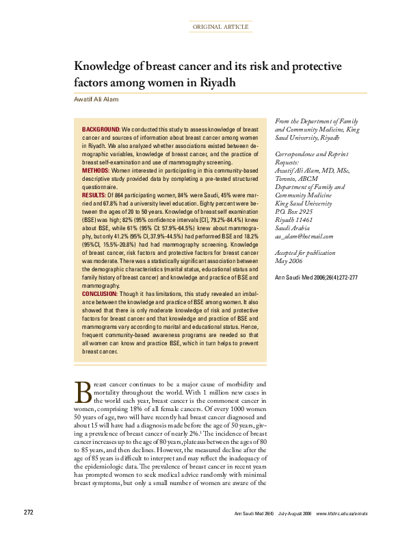 (PDF) Knowledge of breast cancer and its risk and protective factors ...