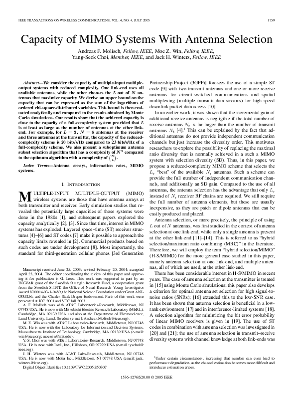 (PDF) Capacity of MIMO systems with antenna selection