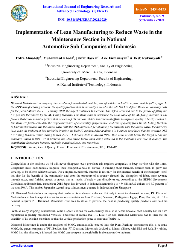 (PDF) Implementation of Lean Manufacturing to Reduce Waste in the ...