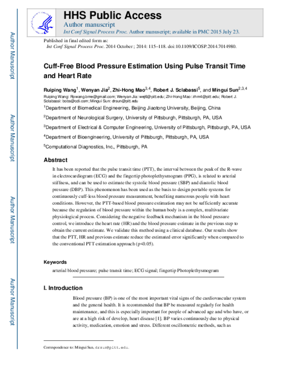 (PDF) Cuff-Free Blood Pressure Estimation Using Pulse Transit Time and ...