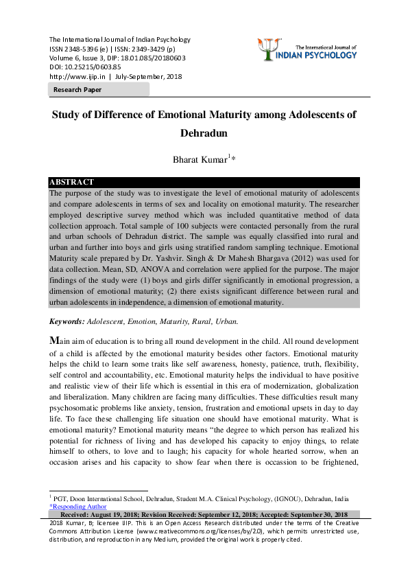 (PDF) Study of Difference of Emotional Maturity among Adolescents of ...