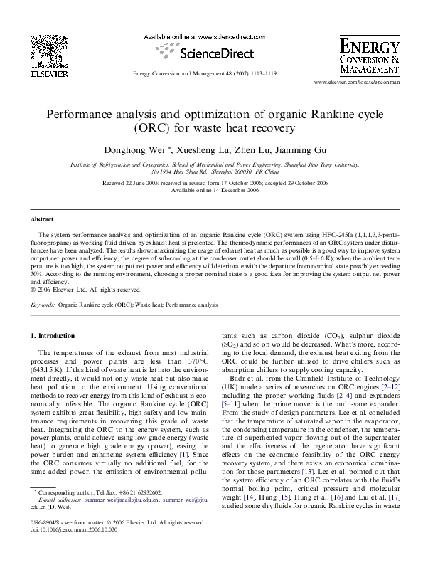 (PDF) Performance analysis and optimization of organic Rankine cycle ...
