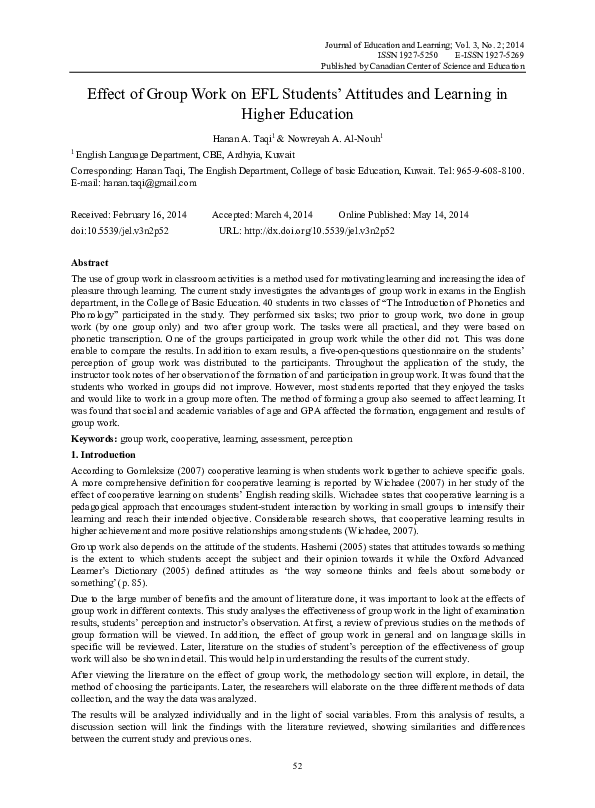 (PDF) Effect of Group Work on EFL Students’ Attitudes and Learning in ...