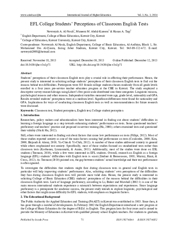 (PDF) EFL College Students’ Perceptions of Classroom English Tests