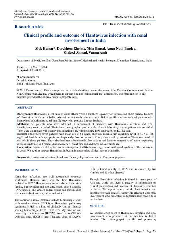 (PDF) Clinical profile and outcome of Hantavirus infection with renal ...