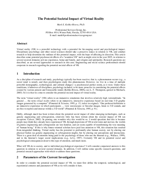(PDF) The Potential Societal Impact of Virtual Reality