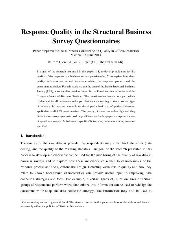 (PDF) Response Quality in the Structural Business Survey Questionnaires