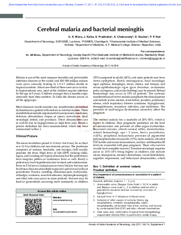 (PDF) Cerebral malaria and bacterial meningitis