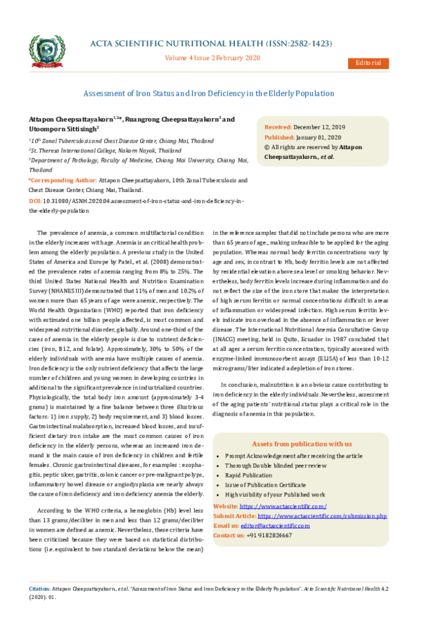(PDF) Assessment of Iron Status and Iron Deficiency in the Elderly ...