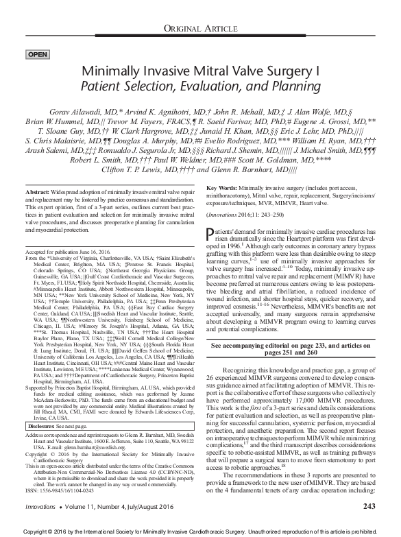 (PDF) Minimally Invasive Mitral Valve Surgery I: Patient Selection ...
