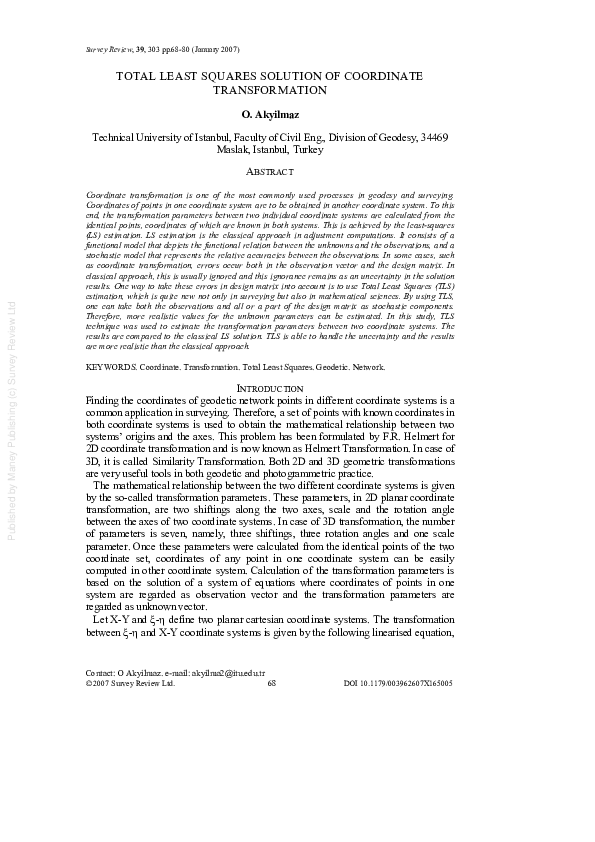 (PDF) Total Least Squares in Geodetic Coordinate Transformation