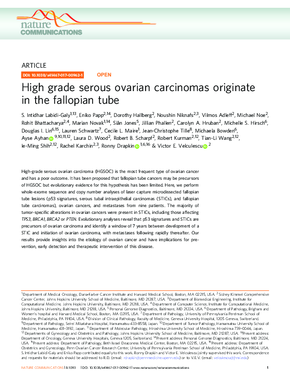 (PDF) High grade serous ovarian carcinomas originate in the fallopian tube