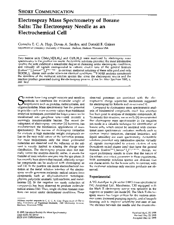 (PDF) Electrospray mass spectrometry of borane salts: The electrospray ...