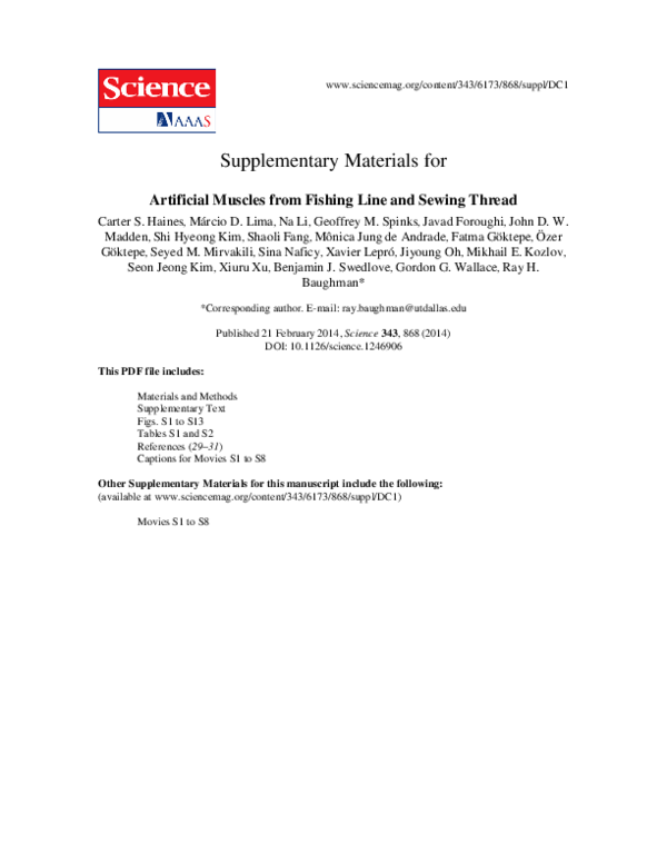 (PDF) Haines et al Science 2014 SM Artificial Muscles from Fishing