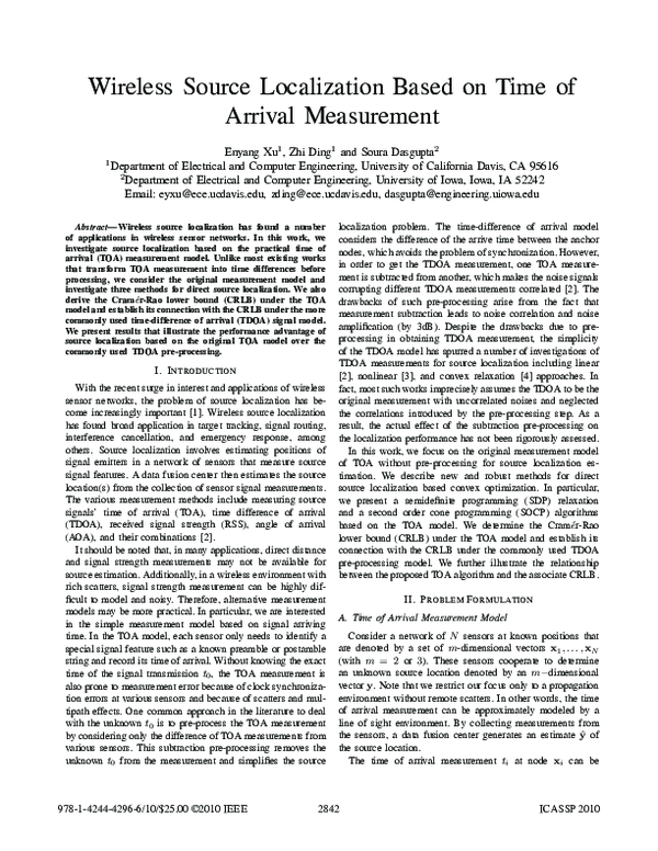 (PDF) Wireless source localization based on time of arrival measurement