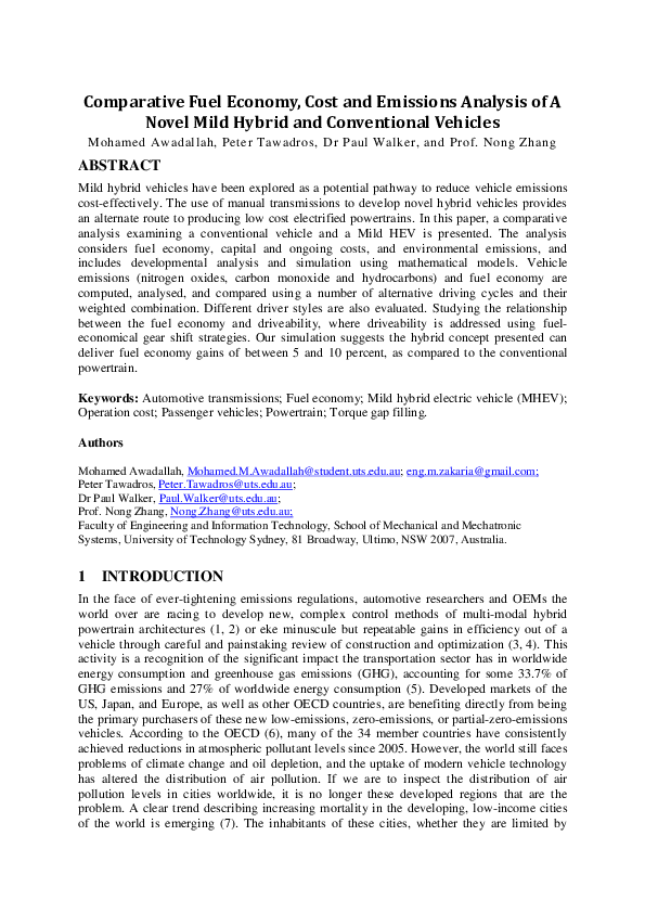 (PDF) Comparative fuel economy, cost and emissions analysis of a novel ...