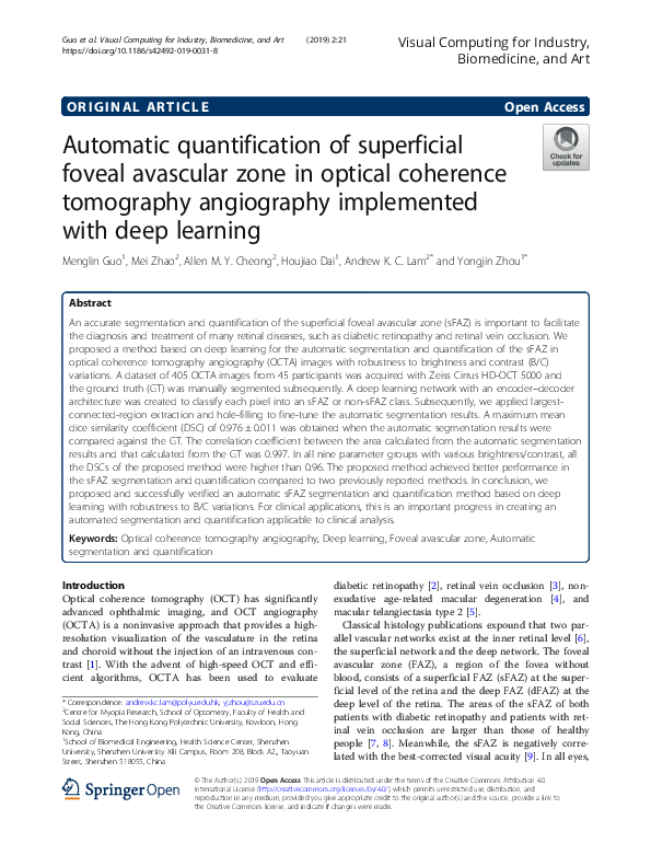 (PDF) Automatic quantification of superficial foveal avascular zone in ...