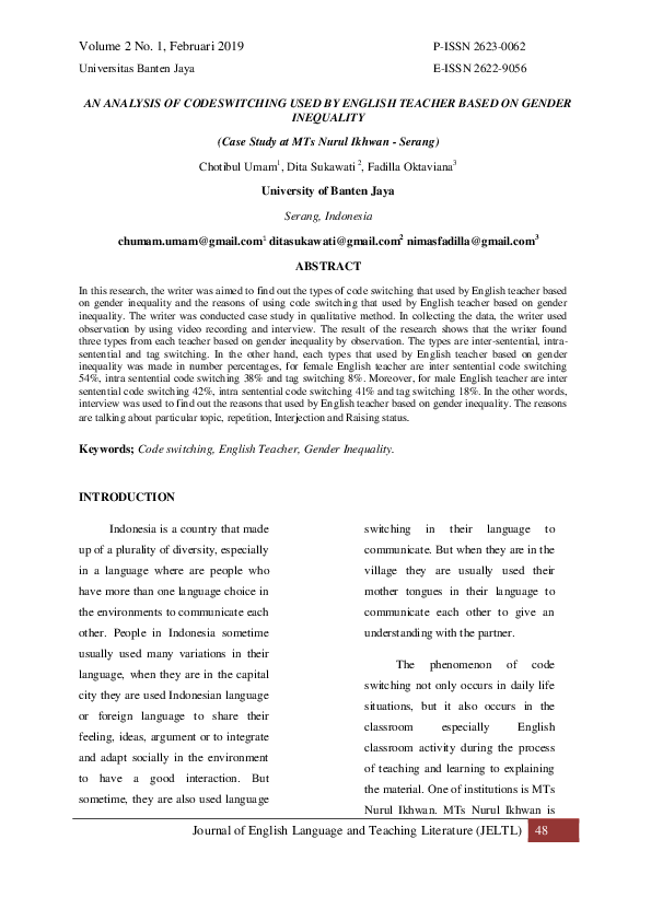 (PDF) An Analysis of Code Switching Used by English Teacher Based on ...