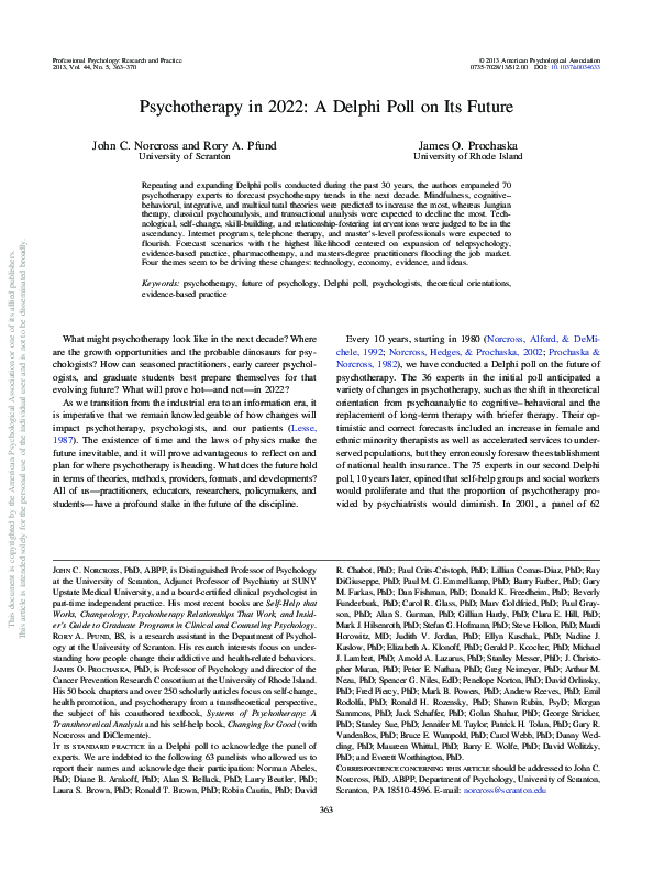 (PDF) Psychotherapy in 2022: A Delphi poll on its future