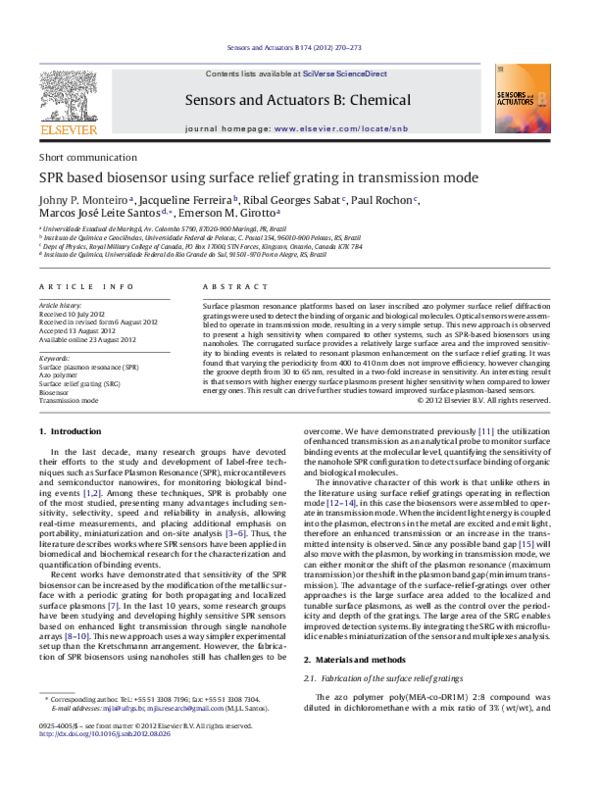 (PDF) SPR based biosensor using surface relief grating in transmission mode
