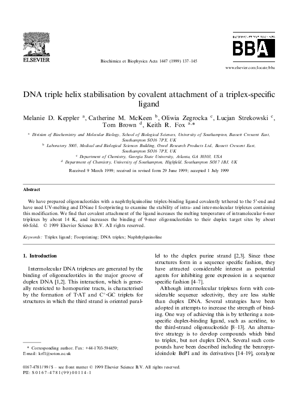 (PDF) DNA triple helix stabilisation by covalent attachment of a ...