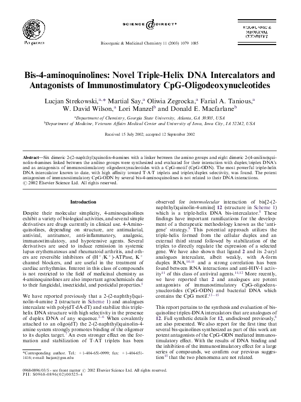 (PDF) Bis-4-aminoquinolines: novel triple-helix DNA intercalators and ...
