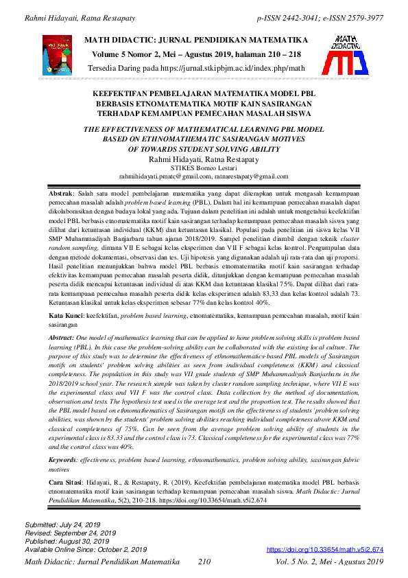 (PDF) The effectiveness of mathematical learning PBL model based on ...