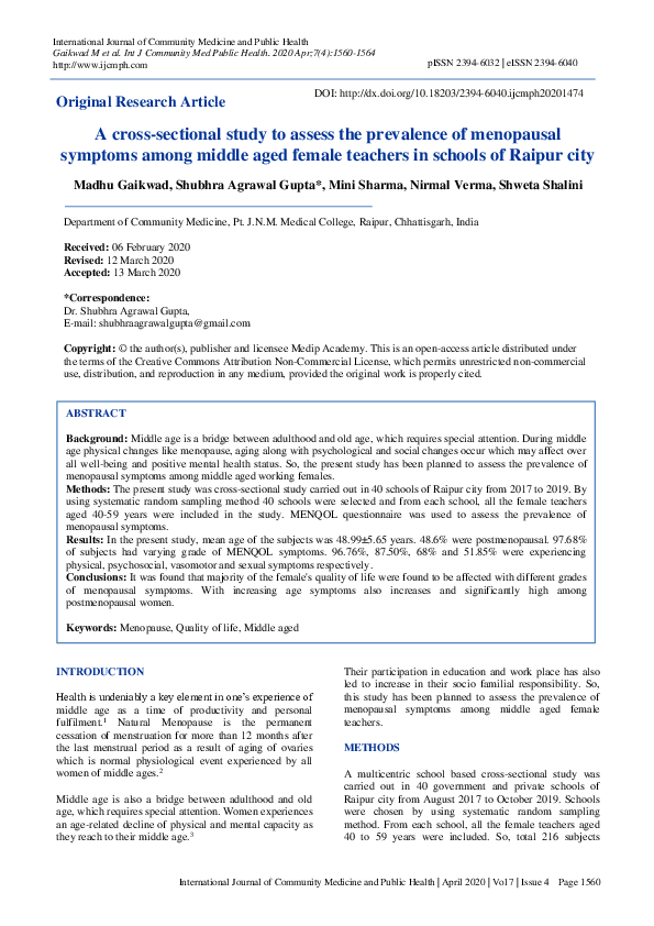 (PDF) A cross-sectional study to assess the prevalence of menopausal ...
