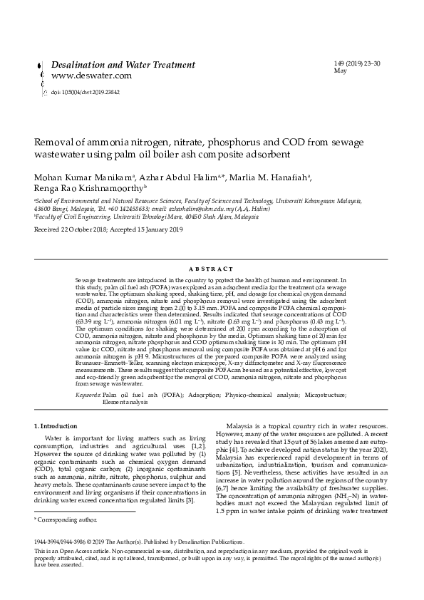 (PDF) Removal of ammonia nitrogen, nitrate, phosphorus and COD from ...