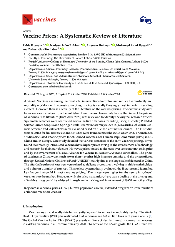 (PDF) Vaccine Prices: A Systematic Review of Literature