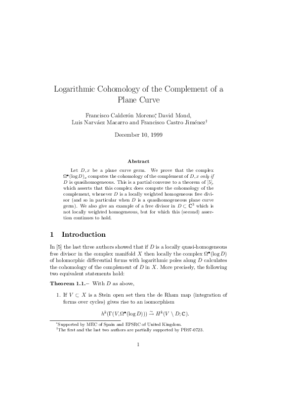 (PDF) Logarithmic Cohomology of the Complement of a Plane Curve