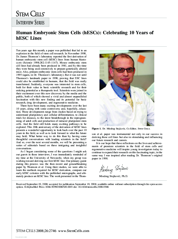 (PDF) Human Embryonic Stem Cells (hESCs): Celebrating 10 Years of hESC ...