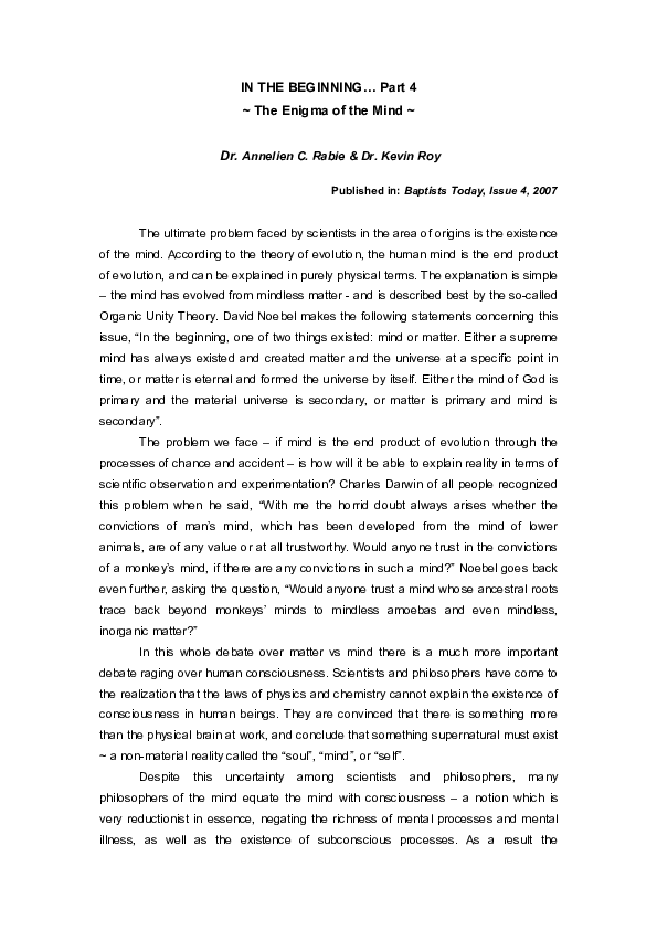 (DOC) In the Beginning - Part 4: The Enigma of the Mind. Annelien C ...